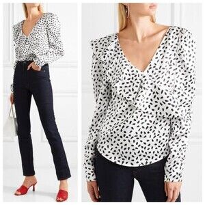Self-Portrait Polka Dot Satin Ruffle Blouse Women’s Size 4 V-Neck Long Sleeve